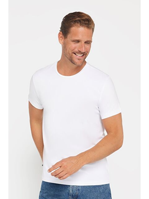 TUDORS Erkek Slim Fit Dar Kesim Pamuklu Yumuşak Dokulu Elastanlı Kumaş Düz Basic Beyaz Bisiklet Yaka Tişört - S000044776-20063