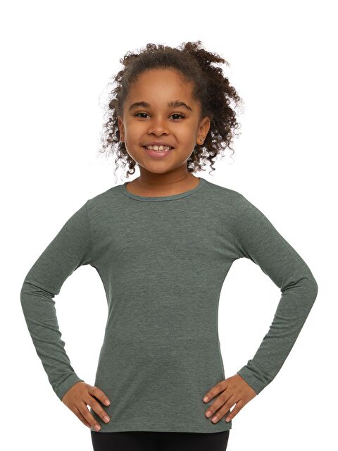 Lovetti Koyu Yeşil Melanj Kız Çocuk Düz Basic Elastanlı Uzun Kollu Tişört - S000052869-19416