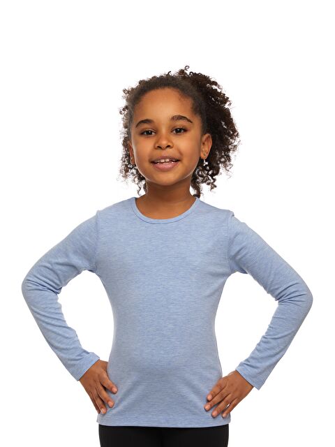 Lovetti Mavi Melanj Kız Çocuk Düz Basic Elastanlı Uzun Kollu Tişört - S000052869-17234