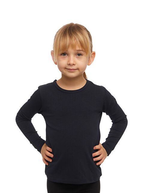 Lovetti Koyu Lacivert Kız Çocuk Düz Basic Elastanlı Uzun Kollu Tişört - S000052869-29672