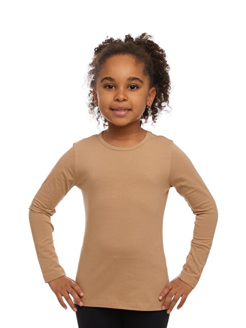 Lovetti Sütlü Kahve Kız Çocuk Düz Basic Elastanlı Uzun Kollu Tişört - S000052869-29705