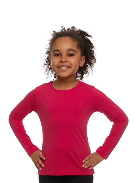 Lovetti Koyu Fuşya Kız Çocuk Düz Basic Elastanlı Uzun Kollu Tişört - S000052869-19449