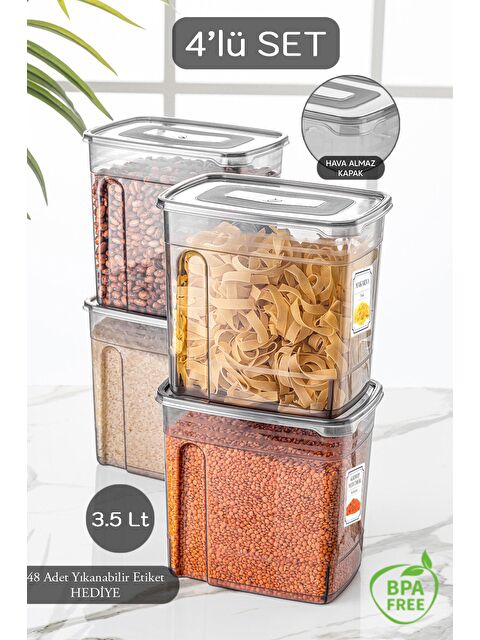 Meleni Home 4'lü Lena Etiketli Kapaklı Erzak Saklama Kabı - Bakliyat Kabı 4x3,5 lt - S000108704-29666
