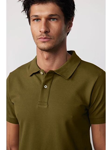 TUDORS Erkek Slim Fit Dar Kesim %100 Pamuk Düz Pike Haki Polo Yaka Tişört