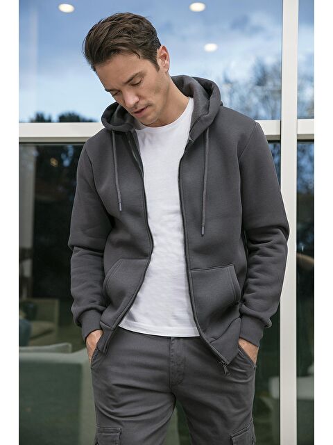 Buratti Slim Fit Kapüşonlu  İçi Tüylü Yumuşak Şardonlu Kışlık Fermuarlı Sweatshirt 5905340 - S000000615-29666