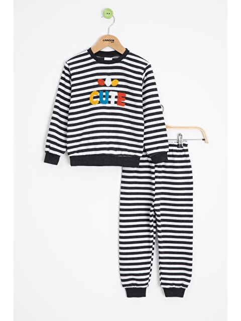 Cansın Mini Füme Erkek Çocuk Cute Nakışlı Çizgili Şardonlu Eşofman Takımı 23312 - S000466920-33408