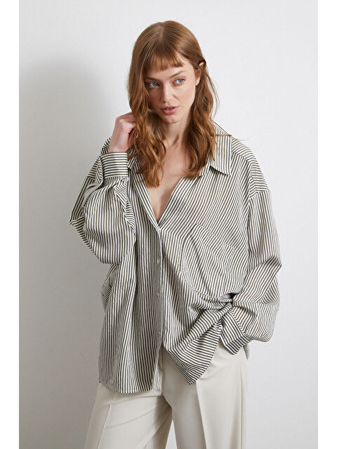 Never More Yarasa Kol Çizgili Gömlek Haki - S000361879-18547