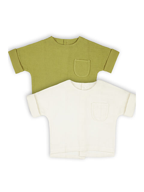 Catz Kids 2'li Müslin Arkadan Düğmeli Gömlek ( Ekru ve Yağ Yeşili ) - S000383792-5409