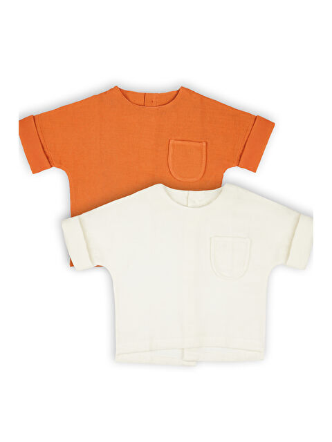 Catz Kids 2'li Müslin Arkadan Düğmeli Gömlek ( Ekru ve Turuncu ) - S000383792-5408