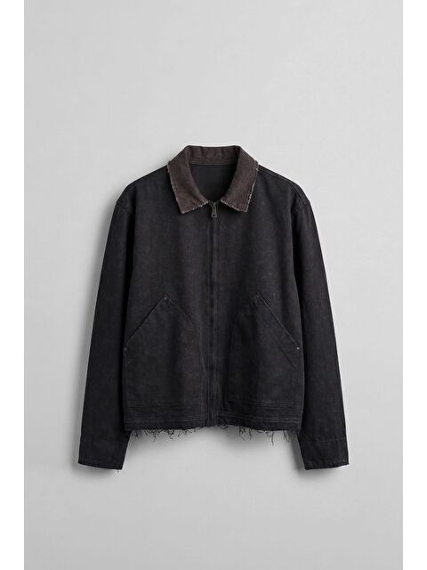 Abluka Online Erkek Kontrast Yaka Yıkamalı Relax Fit Ceket Siyah