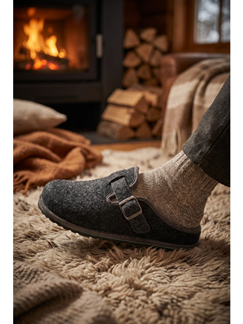 Gezer Kışlık Erkek Fashion Tokalı Ayarlanabilir Keçe Ev Bahçe Terlik - S000237766-29666