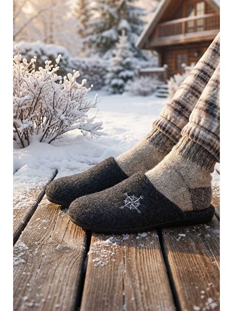 Gezer Kışlık Erkek Keçe Çıkarılabilir Taban Ev Bahçe Terlik - S000182212-19351