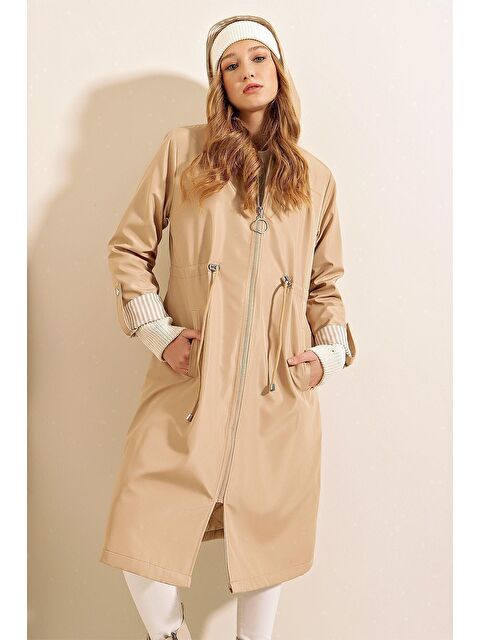 Bigdart 9091 Beli Büzgülü Kapüşonlu Trençkot - Bej - S000089751-19928