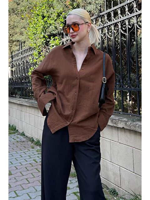 Madmext Kahverengi Muslin Kumaş Basic Kadın Gömlek Mg1660 - S000030134-19413