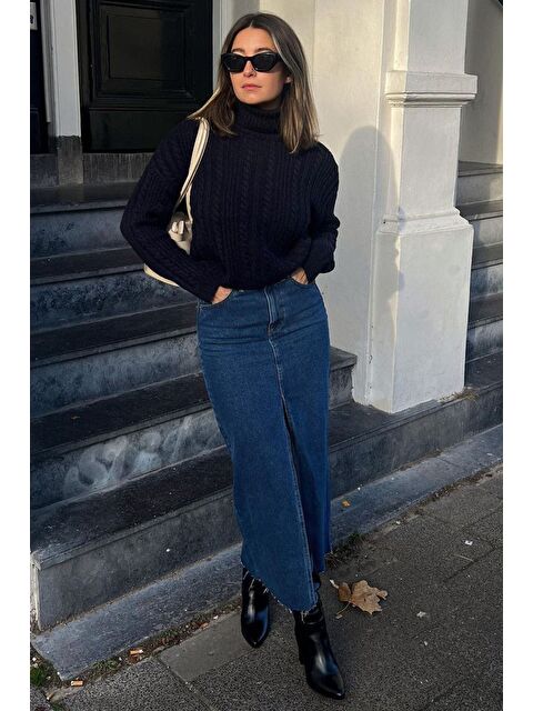 Madmext Koyu Mavi Yırtmaçlı Uzun Jean Etek Mg1690 - S000424633-19393