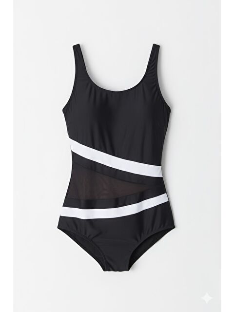 C&City U Yaka Tül Detaylı Mayo 7706 Siyah/Beyaz - S000216797-19351