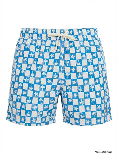 United Colors Of Benetton Erkek Açık Mavi Desenli Arkası Cep Detaylı Büzgü İpli Deniz Şortu