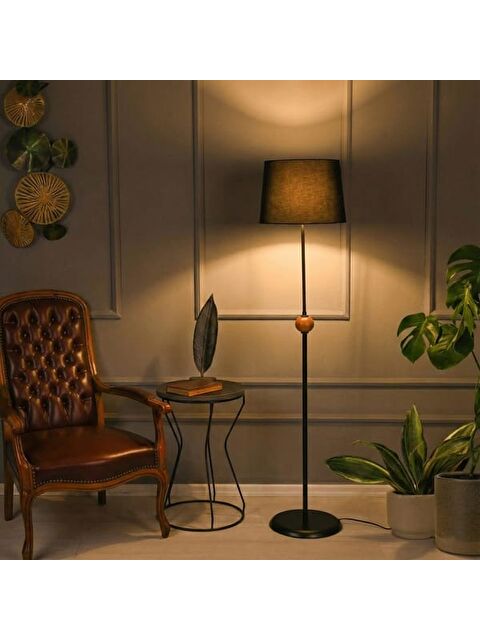 Safir Light Ahşap Detaylı Metal Lambader - Siyah - 155x37x37 cm - S000373493-19351