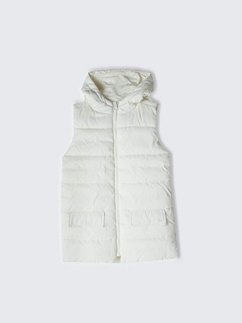 United Colors Of Benetton Kız Çocuk Beyaz Cebi Logo İşlemeli Kapüşonlu Uzun Suni Kuş Tüyü Yelek - S000322574-20063