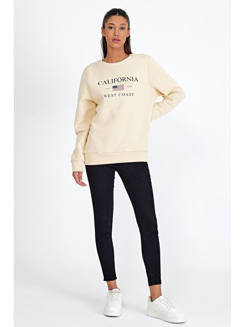 Süperlife Kadın Bisiklet Yaka Rahat Kalıp İçi Polarlı 3 iplik Amerikan Baskılı Swetashırt spr24swk26 - S000056224-19928