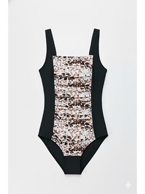 C&City Kare Yaka Büzgülü Mayo 7763 Siyah/Bej - S000216858-19351