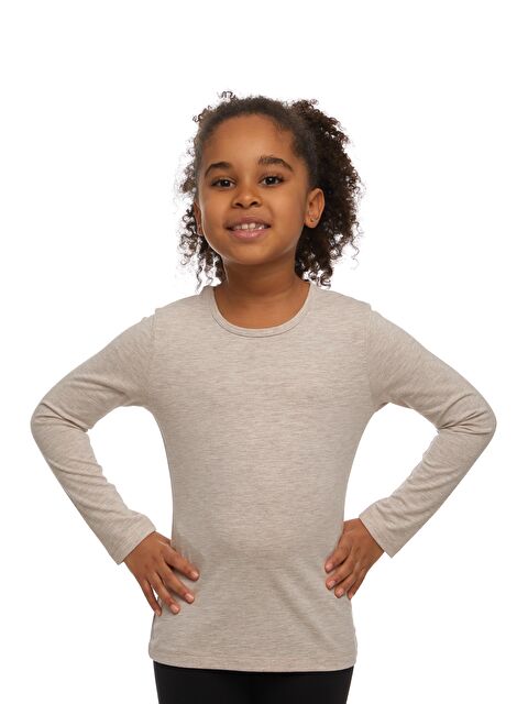 Lovetti Koyu Bej Melanj Kız Çocuk Düz Basic Elastanlı Uzun Kollu Tişört - S000052869-19933