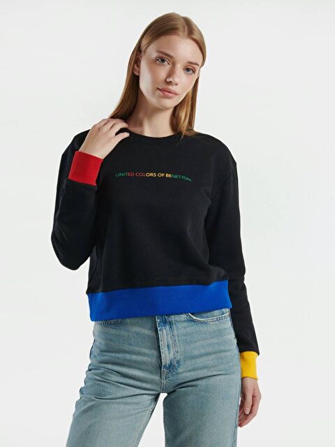 United Colors Of Benetton Kadın Siyah Renkli %100 Pamuk Önü Logo Baskılı Ribanalı Bisiklet Yaka Sweatshirt - S000307731-37444