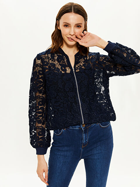 LCW Vision Women's Long Sleeve Lace Cardigan Zippered - 0SJ494Z8-HRC
