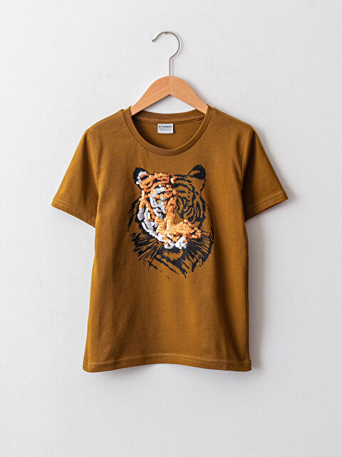 LCW Kids Crew Neck Printed Sequins Embroidered Short Sleeve Boy T-Shirt - S1AT01Z4-H8D