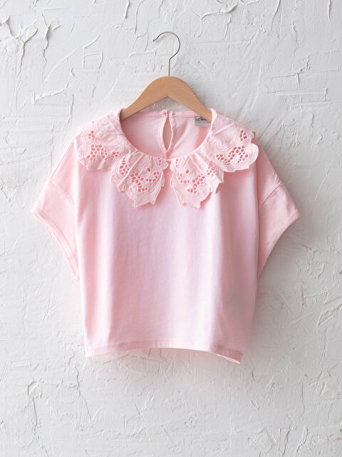 LCW Kids Crew Neck Scalloped Detail Basic Short Sleeve Girls Blouse - S1CB21Z4-FUG