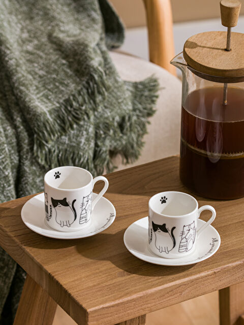 LCW HOME Cat Printed 2 Person Porcelain Coffee Cup Set - S5AF17Z8-LQJ