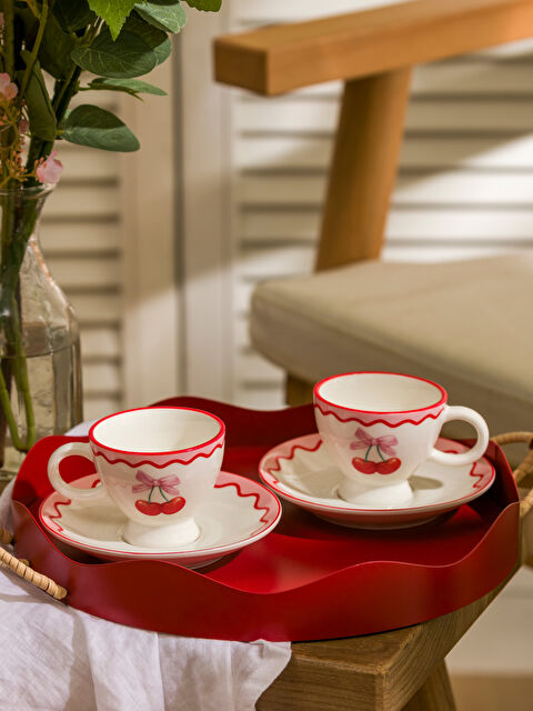 LCW HOME مجموعة فناجين قهوة بورسلين لشخصين بطبعة الكرز 90 مل - S5GL48Z8-LTQ