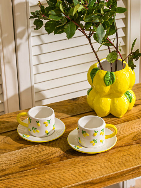 LCW HOME طقم أكواب قهوة سيراميك مطبوع بالليمون لشخصين 100 مل - S5GL69Z8-LUG