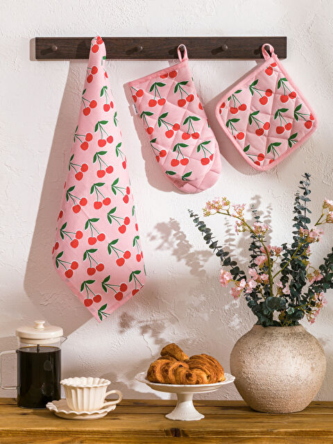 LCW HOME ალუბლის ნიმუშიანი ღუმელის ხელთათმანი, სამზარეულოს პირსახოცი და სადგამი კომპლექტი - S67797Z8-F9C