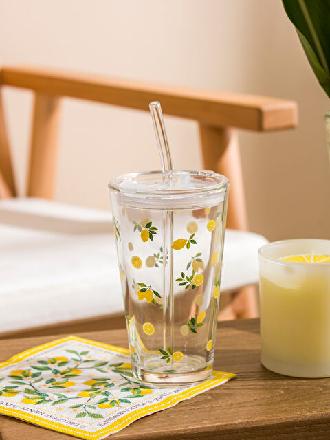 LC WAIKIKI Zitronenbedrucktes Glastrinkglas mit Strohhalm, 420 ml - S6DN94Z8-Q57