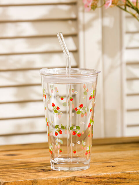 LC WAIKIKI Γυάλινο Ποτήρι με Καλαμάκι και Λουλουδάτο Σχέδιο, 420 ml