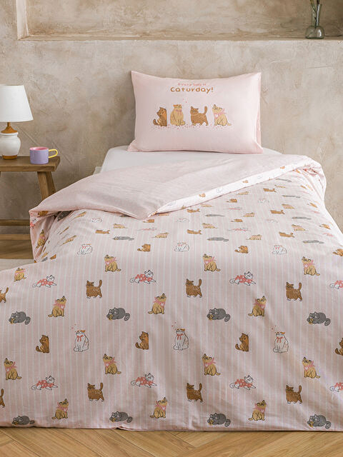 LCW HOME Kedi Baskılı Pamuklu Tek Kişilik Nevresim Seti - W5IY96Z4-F9C