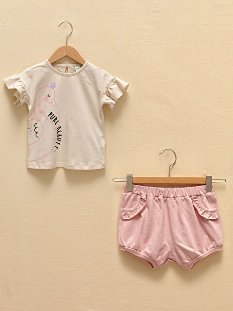 LCW baby Bisiklet Yaka Kısa Kollu Baskılı Kız Bebek Tişört ve Şort 2'li Takım - S1DM48Z1-Q1M