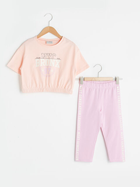 LCW Kids Ensemble Sweat-Shirt et Leggings Imprimés à Col Rond et Manches Courtes pour Fille - S1DT13Z4-FXB