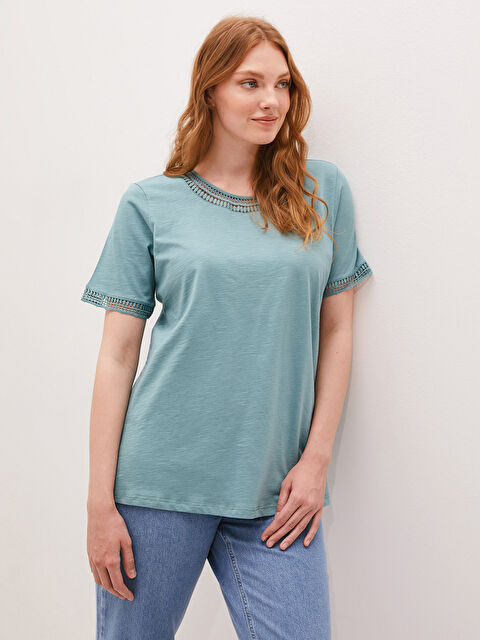 LCW Grace Crew Neck Embroidered Short Sleeve Women's Blouse - S1EE53Z8-GP4