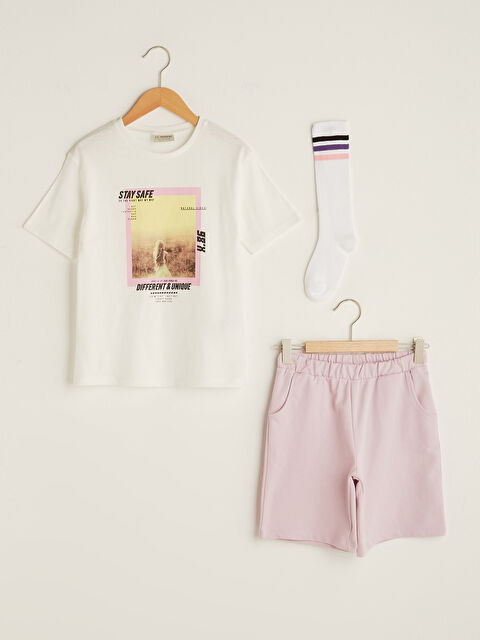 LCW Kids تيشيرت بناتي بياقة دائرية مطبوع كم قصير مع شورت وجوارب - S1ES11Z4-FDU
