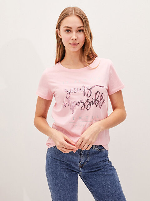 LCW Vision Crew Neck Printed Short Sleeve Cotton Women's T-shirt - S1FG37Z8-QX8