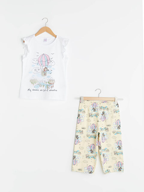 LCW Kids Crew Neck Printed Ruffle Detailed Girl's Pajama Set - S1FK54Z4-E5X