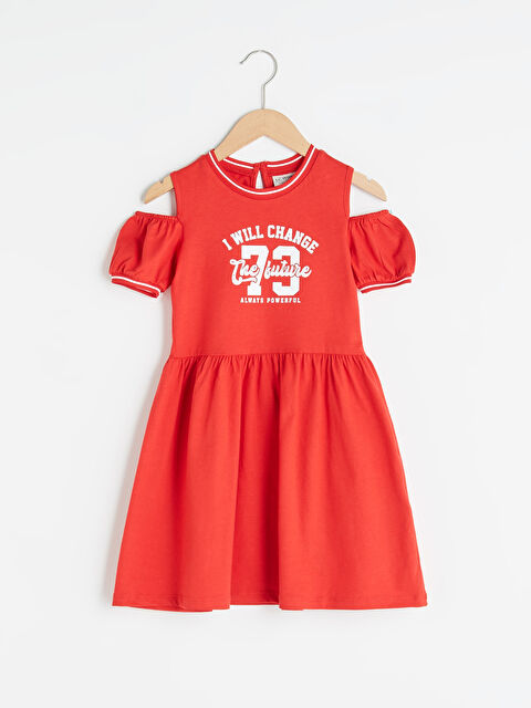 LCW Kids Στρογγυλή Λαιμόκοψη Εκτυπωμένο Φόρεμα Με Ανοιχτούς Ώμους Κοντό Μανίκι Από Βαμβάκι Για Κορίτσια - S1FS45Z4-HC3