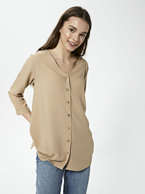 LCW Vision V Neck Button-Down Long Sleeve Poplin Women's Blouse - S1FV84Z8-GWB