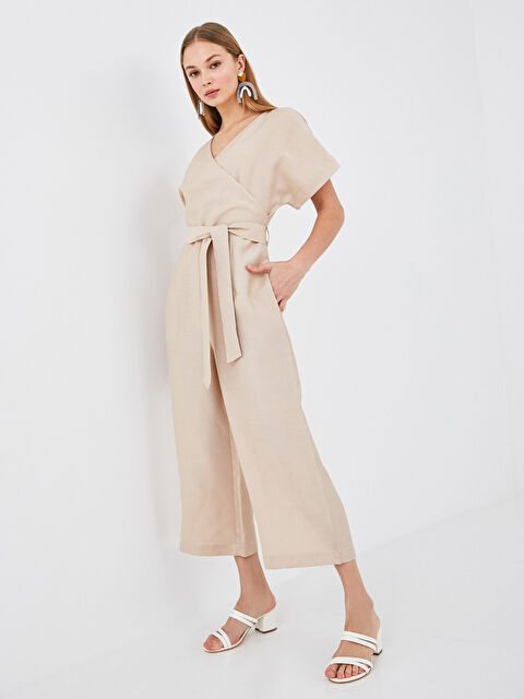 LCW Vision Double Breasted V Neck Waist Belted Short Sleeve Women Jumpsuit - S1GE17Z8-G1Y