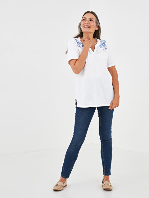 LCW Grace Turtleneck Embroidered Short Sleeve Cotton Women's Blouse - S1HA43Z8-FFB