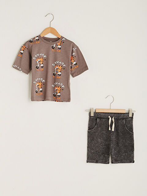 LCW baby Crew Neck Short Sleeve Printed Cotton Baby Boy T-Shirt and Shorts 2-Piece Set - S1IN24Z1-LQ9