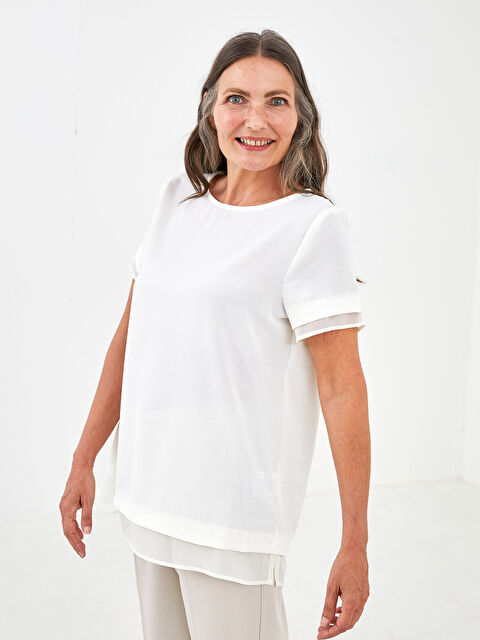LCW Grace Blouse en Tissu de Soie Médina à Col Rond Droite à Manches Courtes pour Femmes - S1IV87Z8-EEW