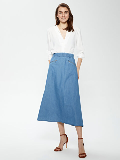 LCW Grace Elastic Waist A-Cut Pocket Detailed Women's Jean Skirt - S1J325Z8-315